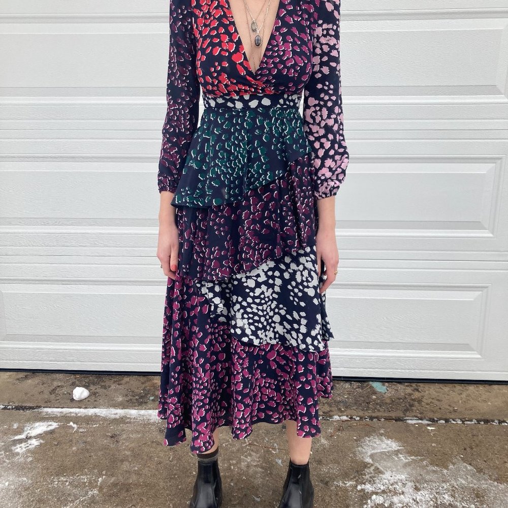 Marie Oliver multicolor silk ruffle tiered midi dress size 2